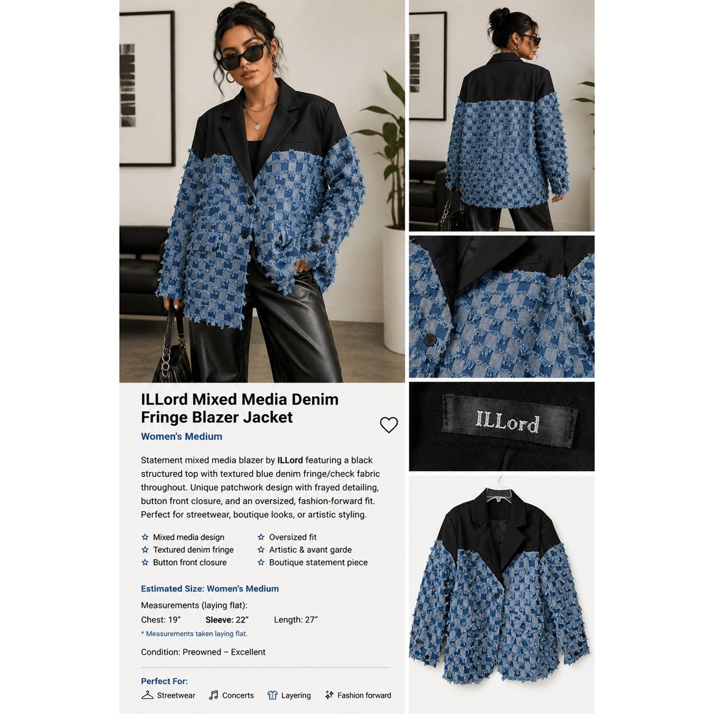 ILLord Mixed Media Denim Fringe Blazer Jacket Black Blue Denim Check Oversized M